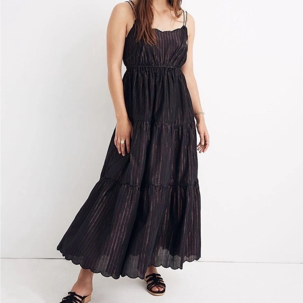 Madewell Black Metallic Stripe Tiered Maxi Dress Women Small Bohemian Summer
